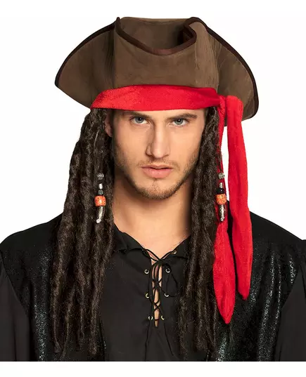 Hnědý pirátský klobouk s parukou pro dospělé