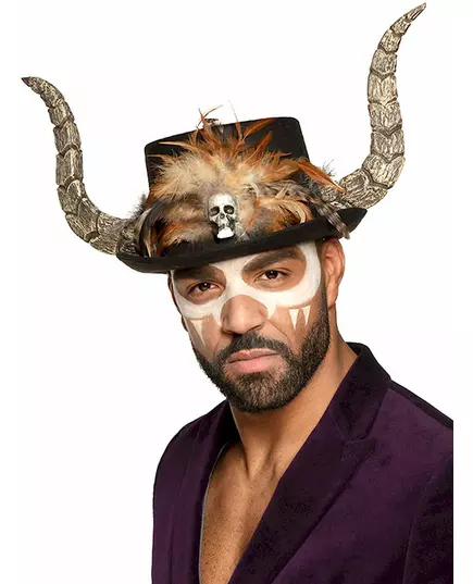 Voodoo klobouk s rohy a peřím pro dospělé