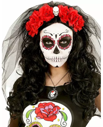 Květinová čelenka s lebkou (červená) pro ženy, Day of the Dead