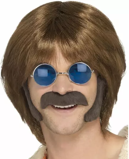 Hnědá hippie sada s knírem a licousy pro muže