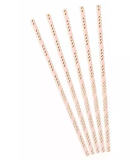 10 růžových kartonových brček se zlatými metalickými pruhy 19,5 cm