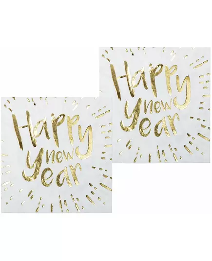 20 ubrousků Happy New Year bílo-zlatých 33 × 33 cm