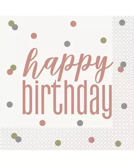 16 papírových ubrousků Happy Birthday bílé a rose gold 33 x 33 cm