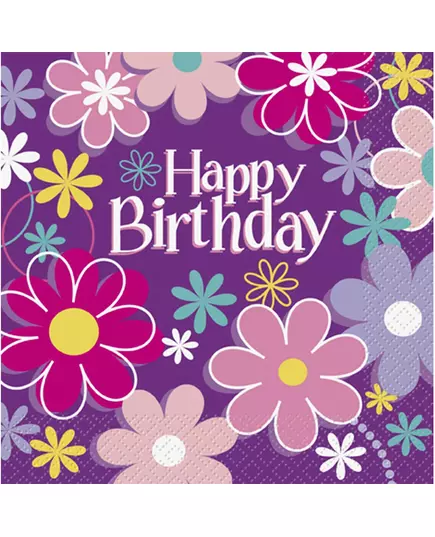 16 papírových ubrousků Happy Birthday Flowers 33 × 33 cm
