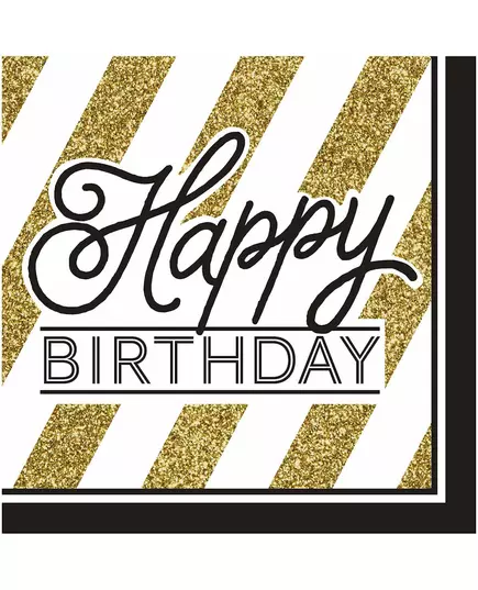 16 papírových ubrousků Happy Birthday černé a zlaté 33 x 33 cm