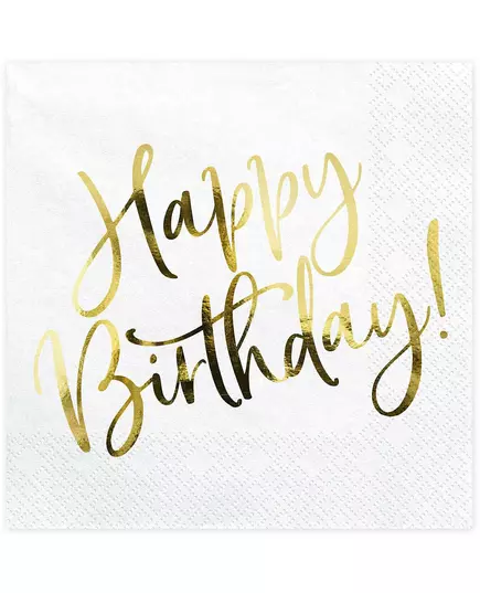 20 papírových ubrousků Happy Birthday bílo-zlatých 33 x 33 cm