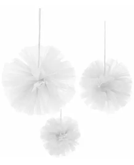 3 bílé tylové závěsné pompomy 15, 20 a 30 cm