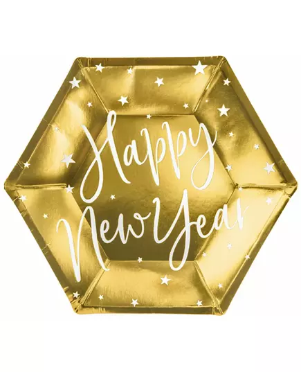 6 zlatých papírových talířů Happy New Year 20 cm