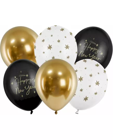 6 balónků Happy New Year černé a zlaté 30 cm