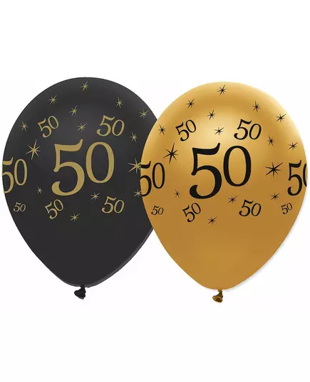 6 černo-zlatých latexových balónků 50th anniversary 30 cm