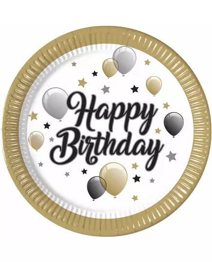 8 papírových talířů Happy Birthday zlatá/černá/stříbrná 23 cm