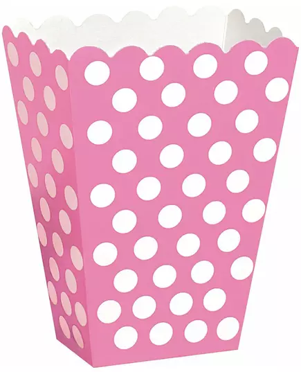 8 růžových krabiček na popcorn s bílými puntíky