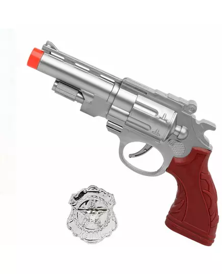 Stříbrná pistole s policejním odznakem