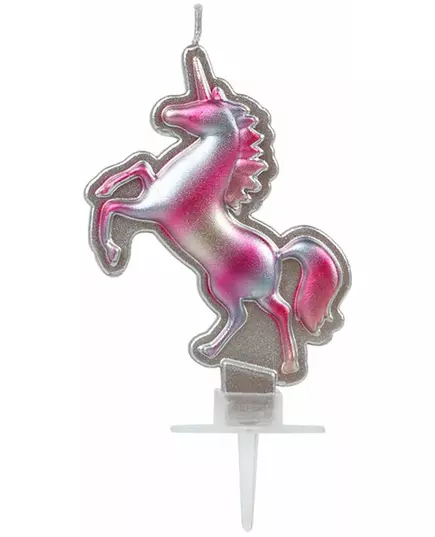 Krásná svíčka jednorožec růžová a stříbrná 16 x 9 cm