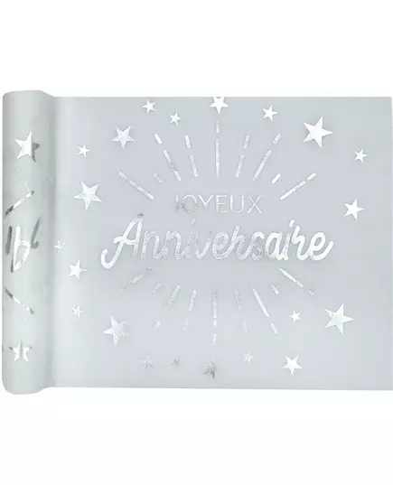 Netkaný běhoun na stůl narozeniny bílý a stříbrný 5 m x 30 cm