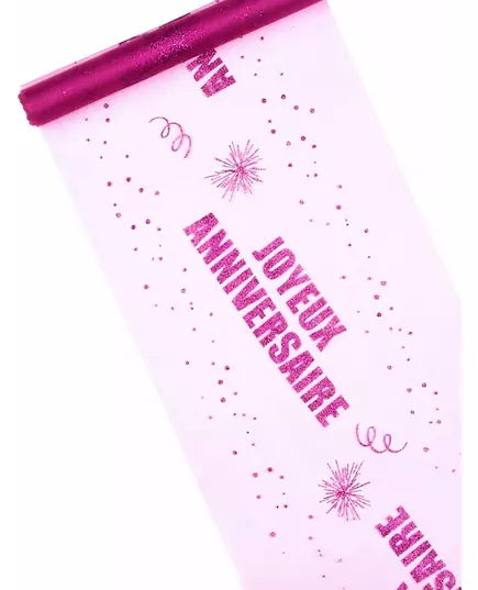Organza běhoun na stůl Happy Birthday fuchsiový 29 cm x 5 m
