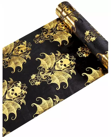 Sametový běhoun na stůl – černý a barokně zlatý kostra 3 m x 23 cm