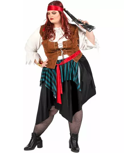 Dámský modro-černě pruhovaný pirátský kostým – plus size