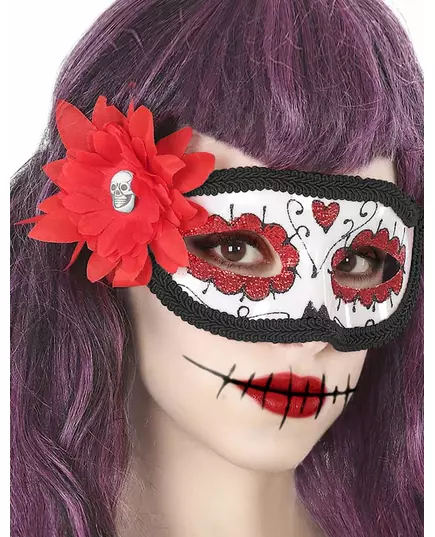 Vlčí maska s červeným květem Day of the Dead pro dospělé