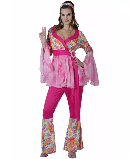 Růžový hippie kostým s květinami pro ženy, Velikost: X-Large