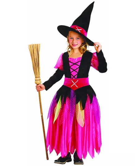 Růžový čarodějnický kostým pro dívky Halloween, Velikost: 10-12 let (130-140 cm)