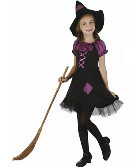 Fialový čarodějnický kostým s kloboukem pro dívky, Velikost: 7-9 let (120-130 cm)