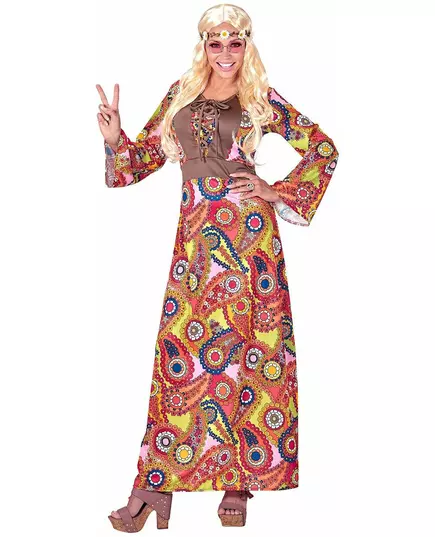 Dámský vícebarevný hippie kostým – dlouhé šaty, Velikost: X-Large