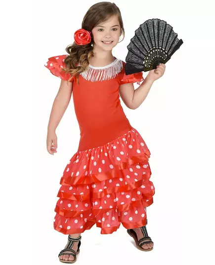 Kostým flamenco tanečnice s bílými puntíky (červený) pro dívky, Velikost: 7-9 let (120-130 cm)