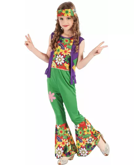 Zelený hippie flower power kostým pro dívky, Velikost: 10-12 let (130-140 cm)