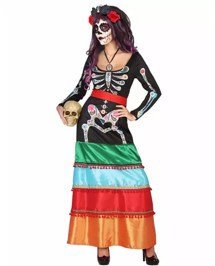 Dlouhý barevný mexický kostým pro ženy Dia de los muertos, Velikost: M/L