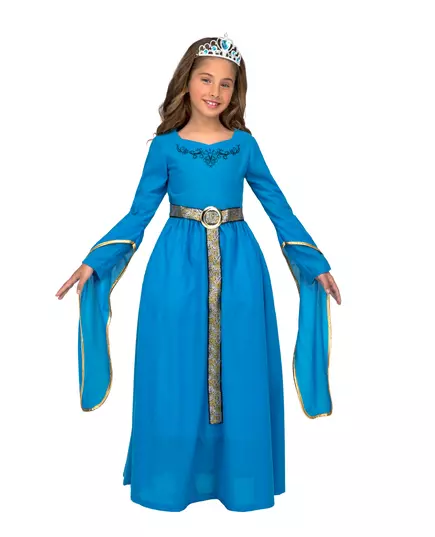 Kostým s modrou středověkou princeznovskou tiárou pro dívky, Velikost: 9 let (122 - 134 cm)