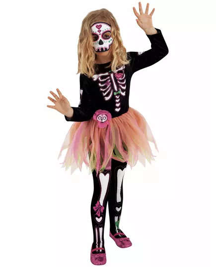 Dívčí kostým Miss Day of the Dead s maskou a punčochami, Velikost: 3-4 let (90 to 104 cm)