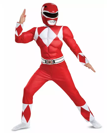 Dětský kostým Power Rangers – červený se svaly, Velikost: 7–8 let(124–136 cm)