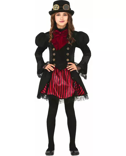 Glamour červený steampunkový kostým pro dívky, Velikost: 9 let (125-135 cm)