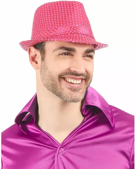 Neonově růžový flitrovaný borsalino klobouk pro dospělé, image 2