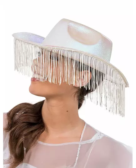 Bílý iridescentní kovbojský klobouk s třásněmi pro dospělé, image 2