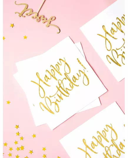20 papírových ubrousků Happy Birthday bílo-zlatých 33 x 33 cm, image 2