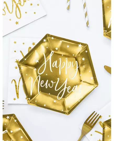 6 zlatých papírových talířů Happy New Year 20 cm, image 2